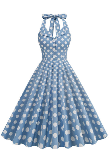 Hepburn Style Polka prickar blå 1950-talsklänning